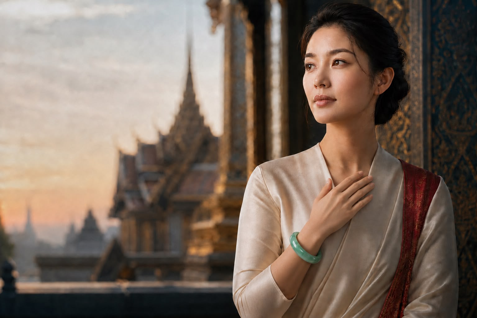 Woman wearing a jade bangle in a heritage setting