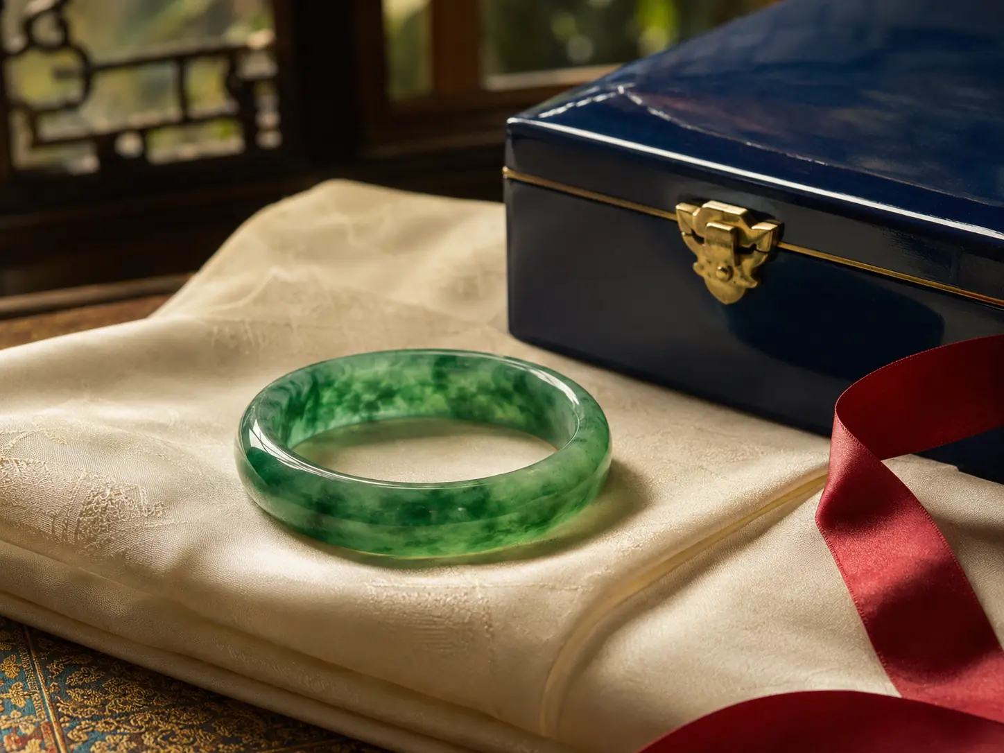 Jade bangle beside a navy heirloom box